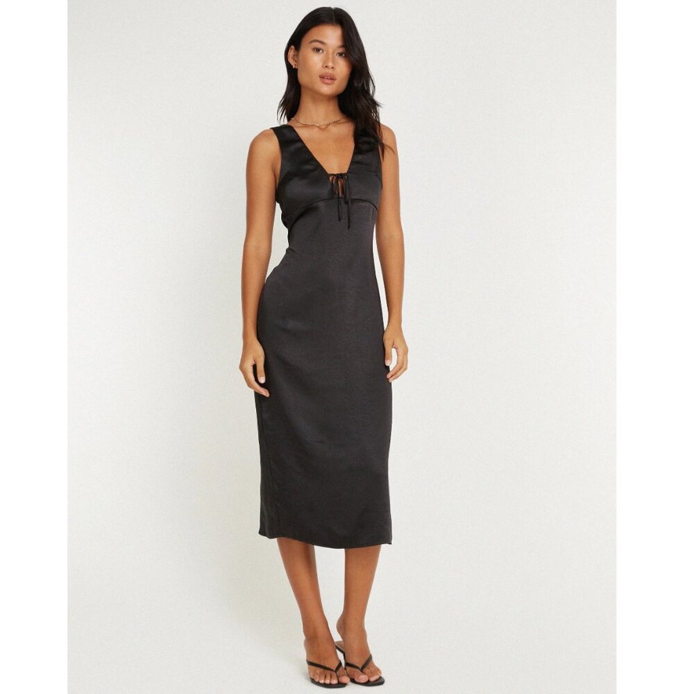 MOTEL ROCKS Women's Size Small Black Satin Plunge V-Neck Midi Slip Dress Party S